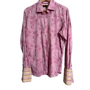 Ted Baker Pink Floral Button Down Contrasting Stripes  Size 15.5 39